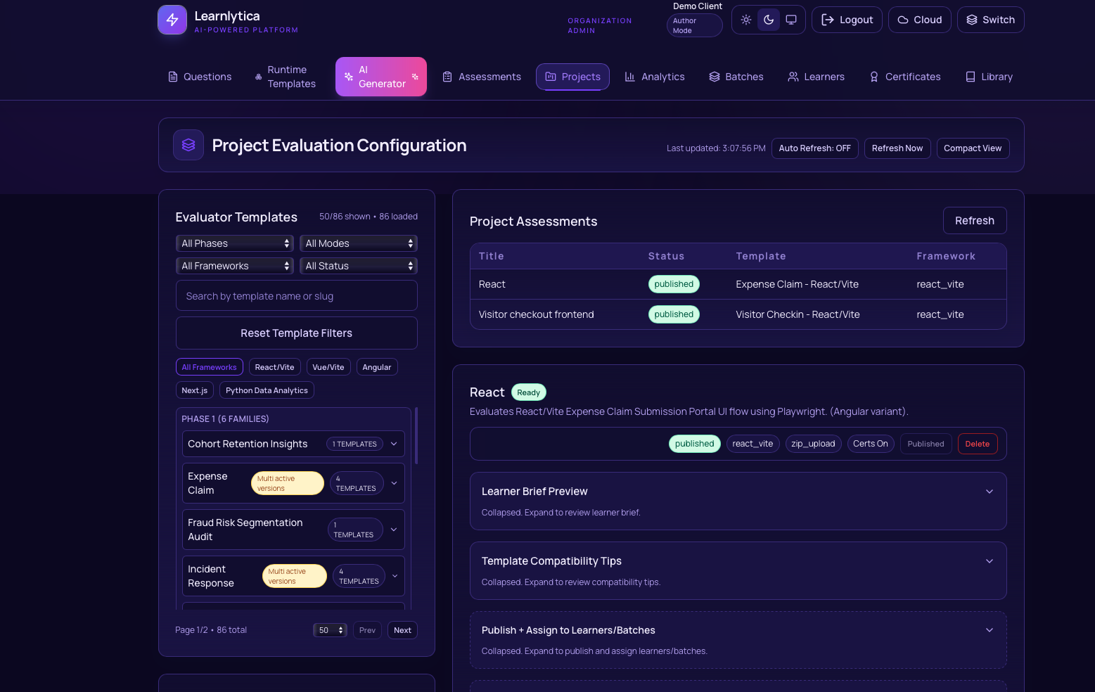 Admin panel for evaluation templates and project configuration