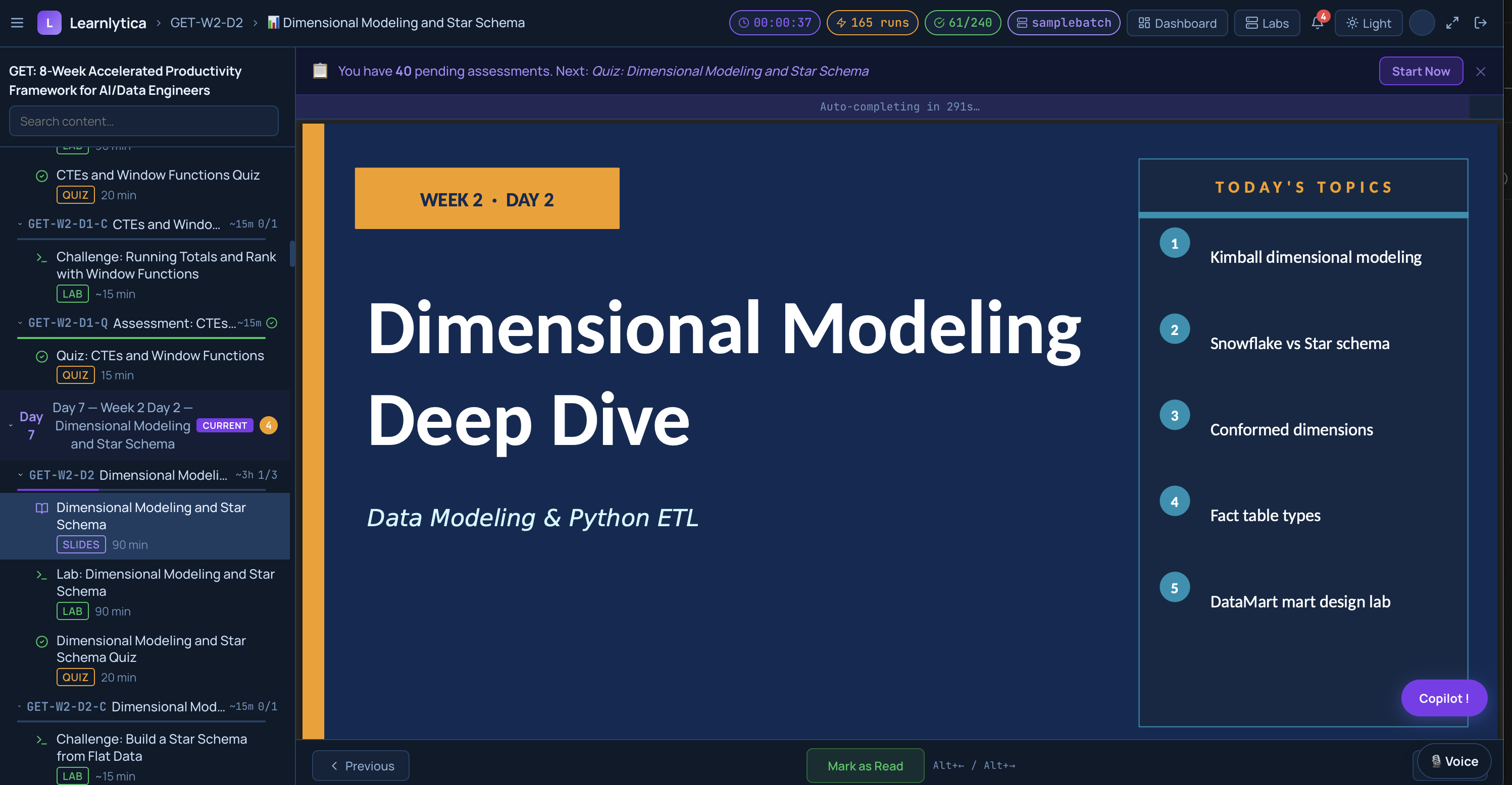 Course player: Dimensional Modeling Deep Dive, Week 2 Day 2, structured modules